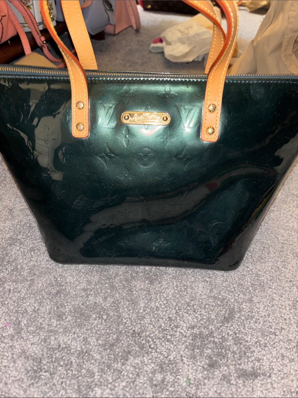 Louis Vuitton Dark Green Vernis Patent Tote with Tan Handles